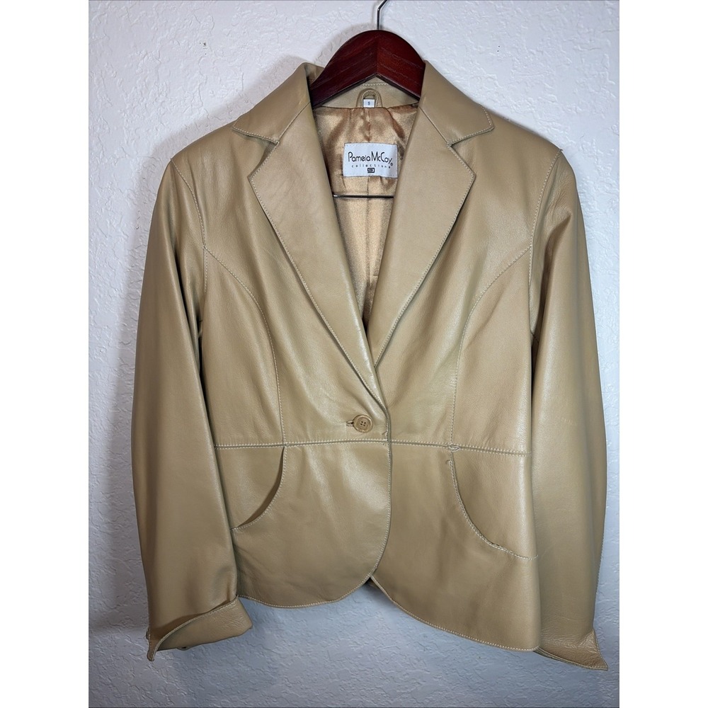 Pamela McCoy Women's Leather, Beige Blazer W/ Collar, Size S
